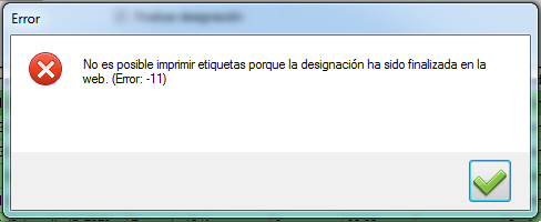 No es posible imprimir etiquetas porque la designación ha sido finalizada en la web